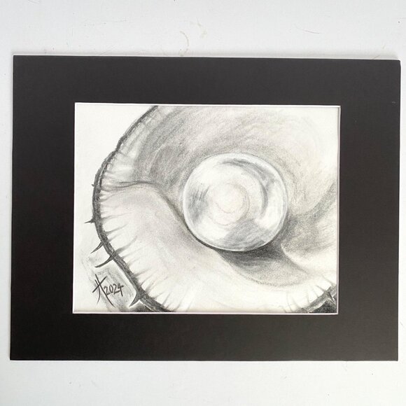 Special Pearl Original Charcoal Drawing Wall Art 11x14in Matted Frame Ready Blac - Picture 2 of 9